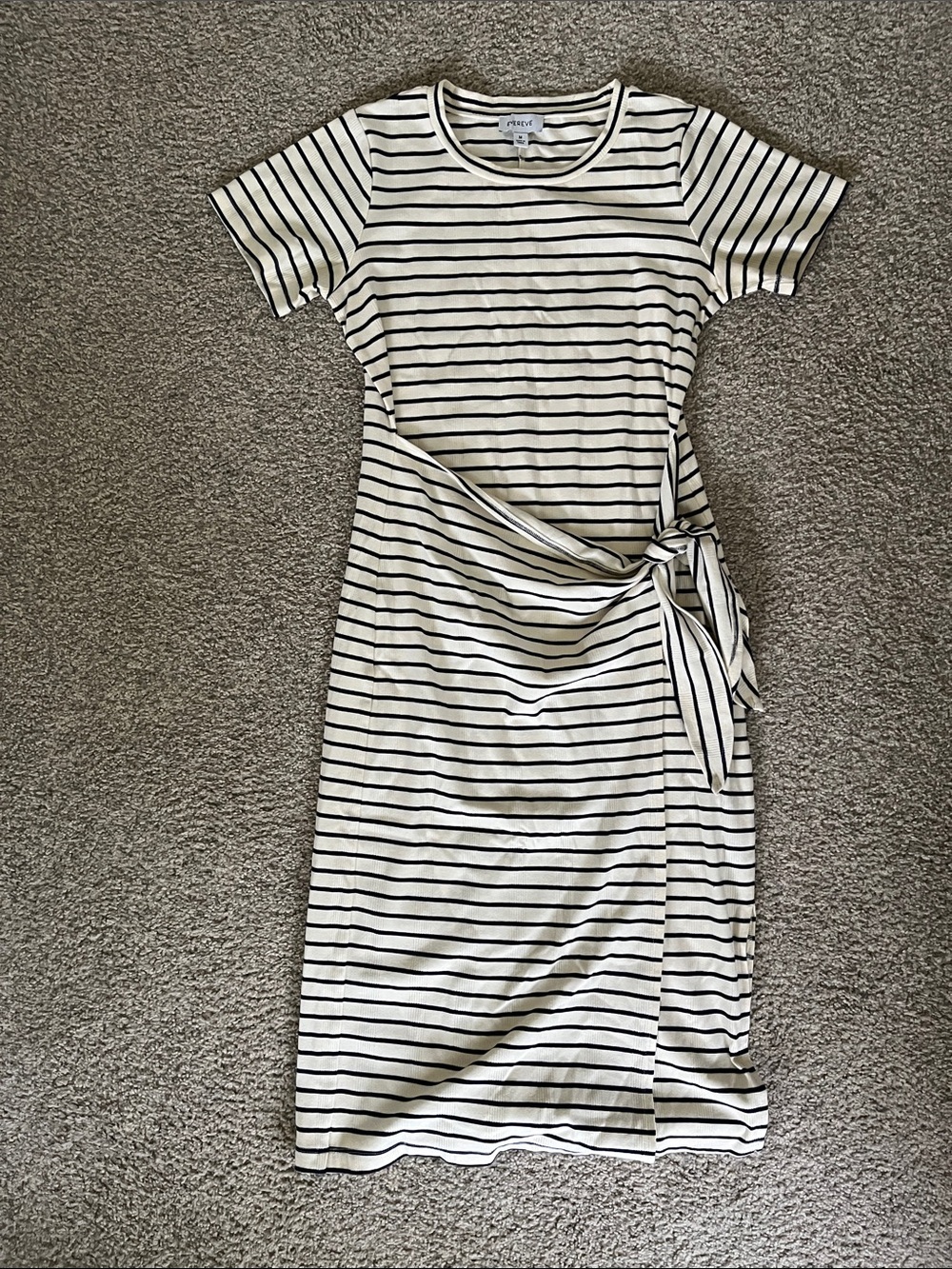 Evereve Navy and Cream Striped Tie-Waist Midi Dress
